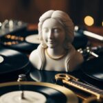 Uma figura cercada por instrumentos musicais e discos, com uma expressão serena e um senso de profunda conexão com a música.