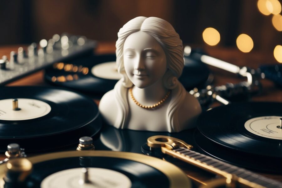 Uma figura cercada por instrumentos musicais e discos, com uma expressão serena e um senso de profunda conexão com a música.