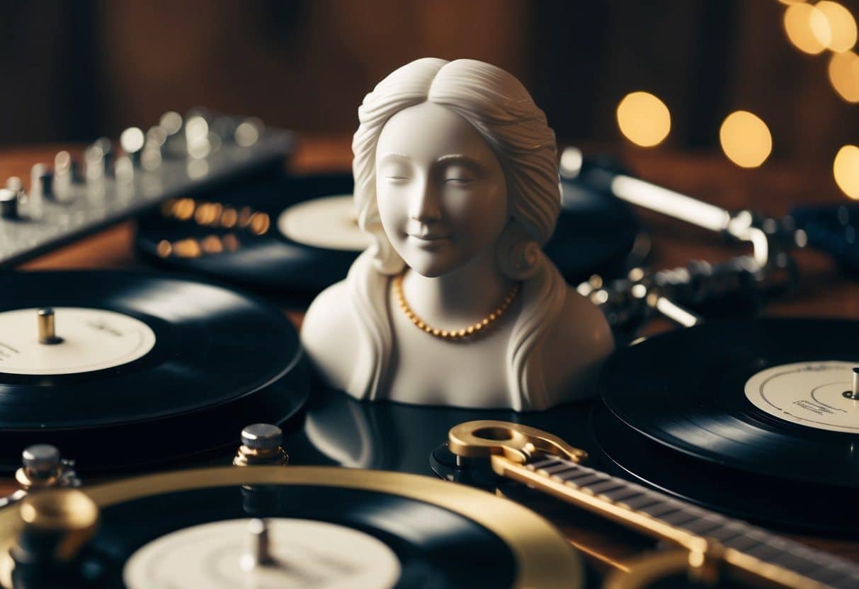 Uma figura cercada por instrumentos musicais e discos, com uma expressão serena e um senso de profunda conexão com a música.
