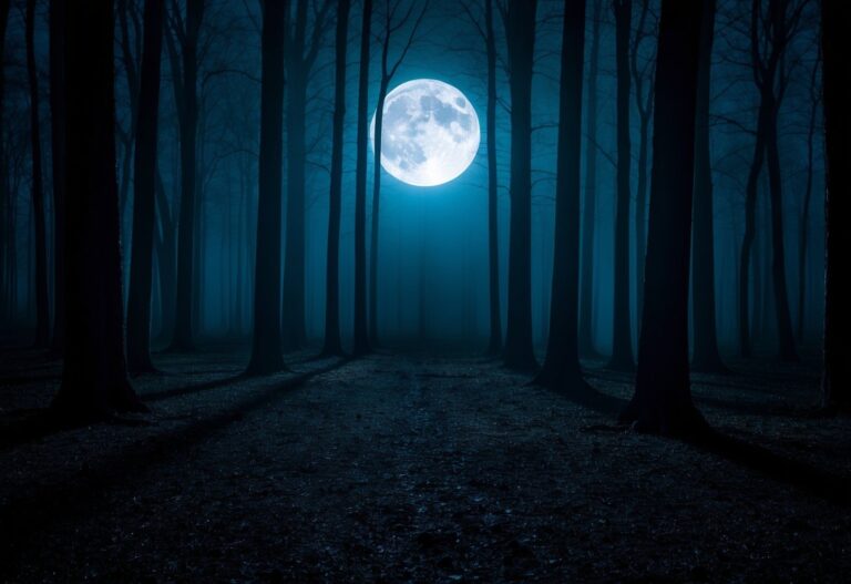 Uma floresta escura à noite com uma lua cheia brilhando através das árvores, projetando sombras estranhas no chão.