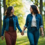 Jenna Ortega e sua namorada caminhando de mãos dadas por uma floresta iluminada pelo sol