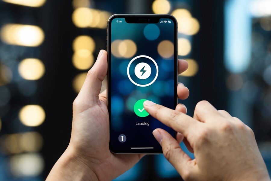 Um smartphone com um botão de energia sendo pressionado enquanto um ícone de carregamento circular aparece na tela