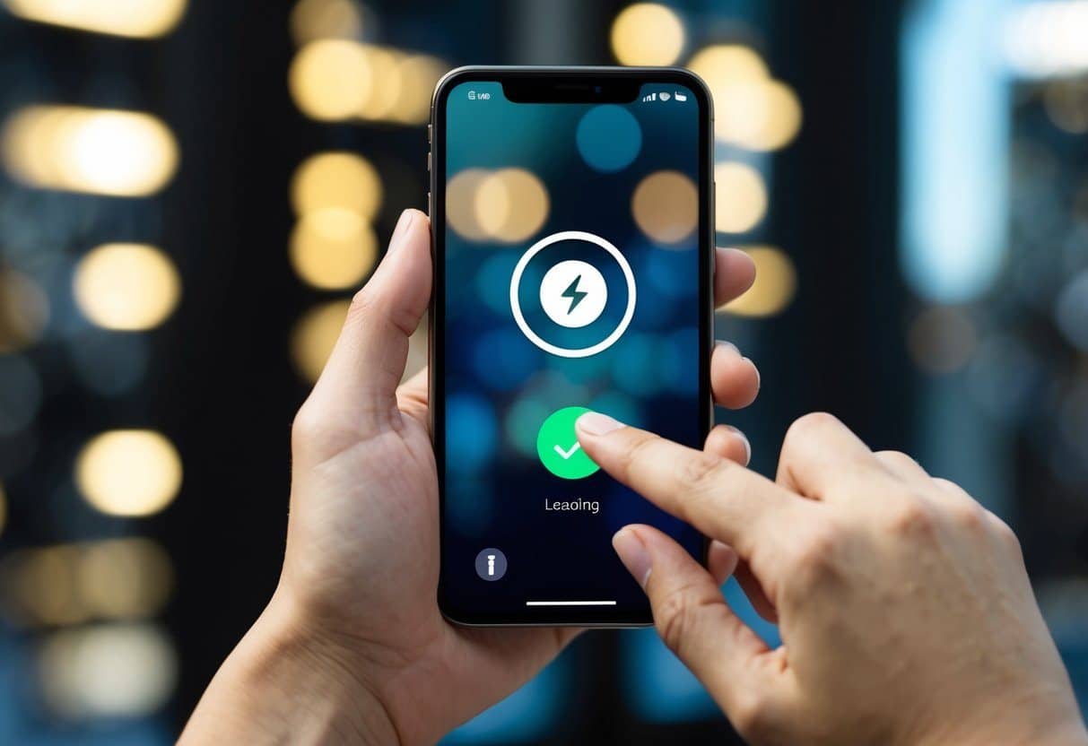 Um smartphone com um botão de energia sendo pressionado enquanto um ícone de carregamento circular aparece na tela