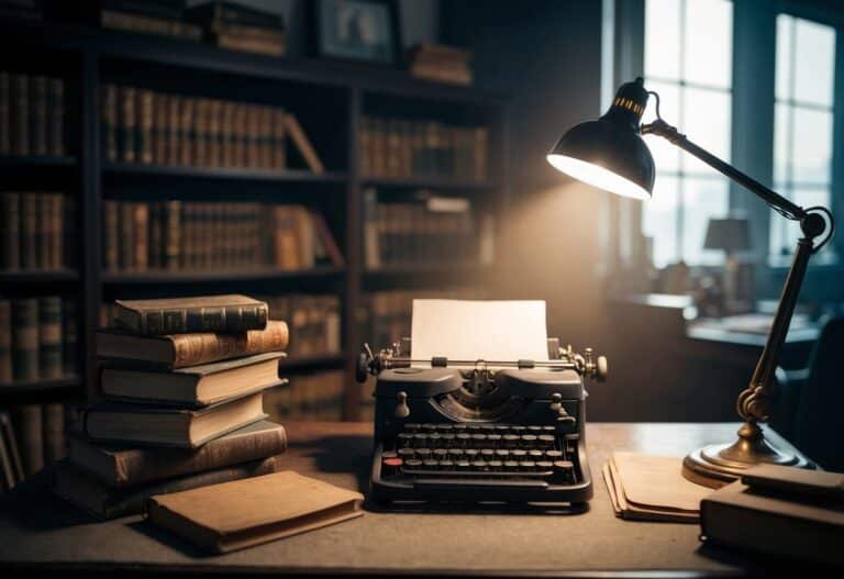 Um escritório de detetive vintage bagunçado com livros antigos, arquivos empoeirados e uma luminária de mesa lançando um brilho quente sobre uma máquina de escrever