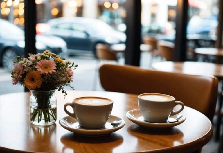 Um café aconchegante com duas xícaras de café e um pequeno buquê de flores na mesa