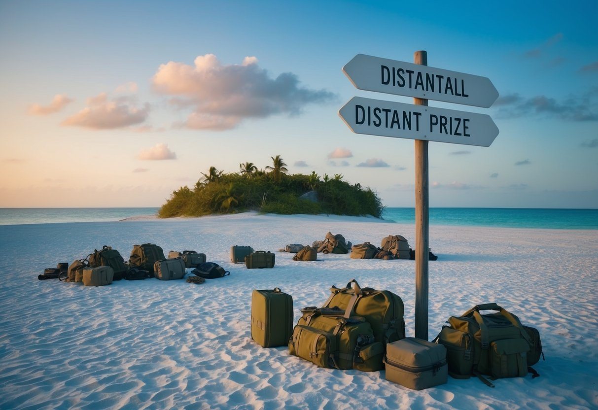 Uma ilha deserta com equipamentos de sobrevivência espalhados e uma placa indicando um prêmio distante