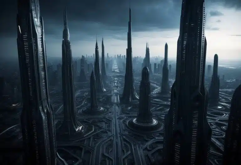Uma cidade futurista e sombria com arranha-céus imponentes e ruas intrincadas e labirínticas. Uma sensação de mistério e intriga permeia a atmosfera.