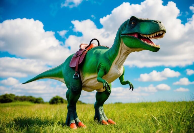 Um dinossauro verde com uma barriga branca, sapatos vermelhos e uma sela nas costas, parado em um campo gramado com um céu azul e nuvens brancas e fofas.