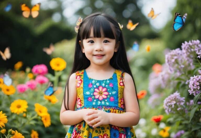 Uma jovem garota com olhos azuis e cabelos longos e pretos, vestindo um vestido colorido, está em um jardim cercado por flores e borboletas.