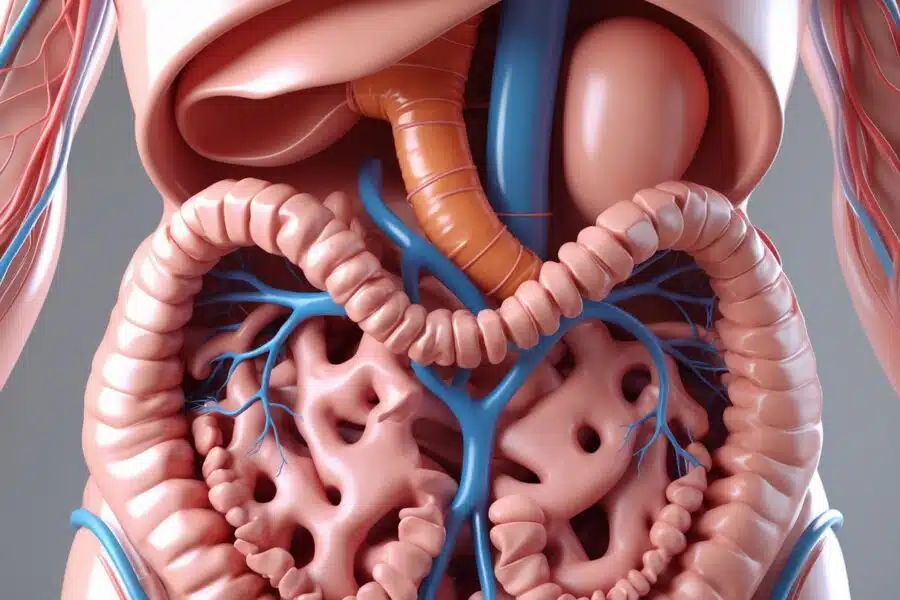 Ilustração médica detalhada do estômago humano mostrando a região do piloro aberta e desobstruída, com o estômago e duodeno visíveis.