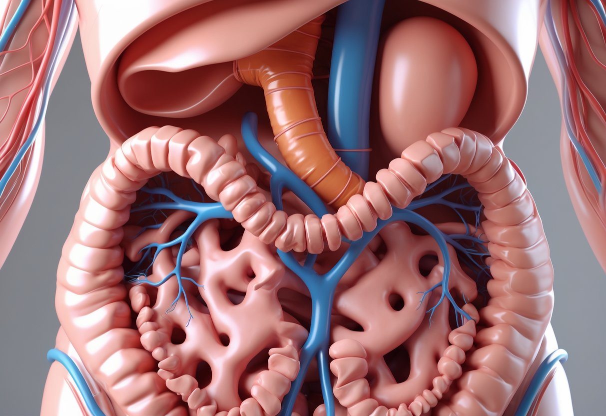 Ilustração médica detalhada do estômago humano mostrando a região do piloro aberta e desobstruída, com o estômago e duodeno visíveis.