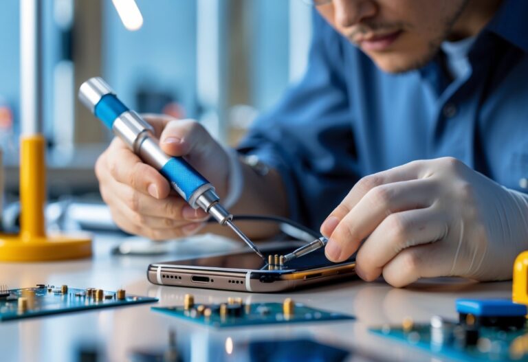 Técnico consertando a antena de um celular em uma bancada de trabalho organizada.