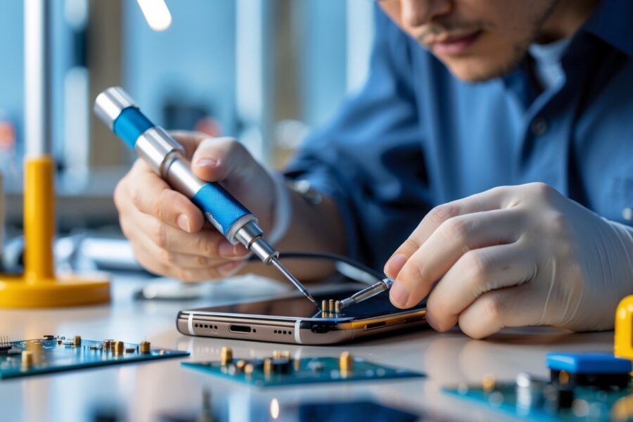 Técnico consertando a antena de um celular em uma bancada de trabalho organizada.