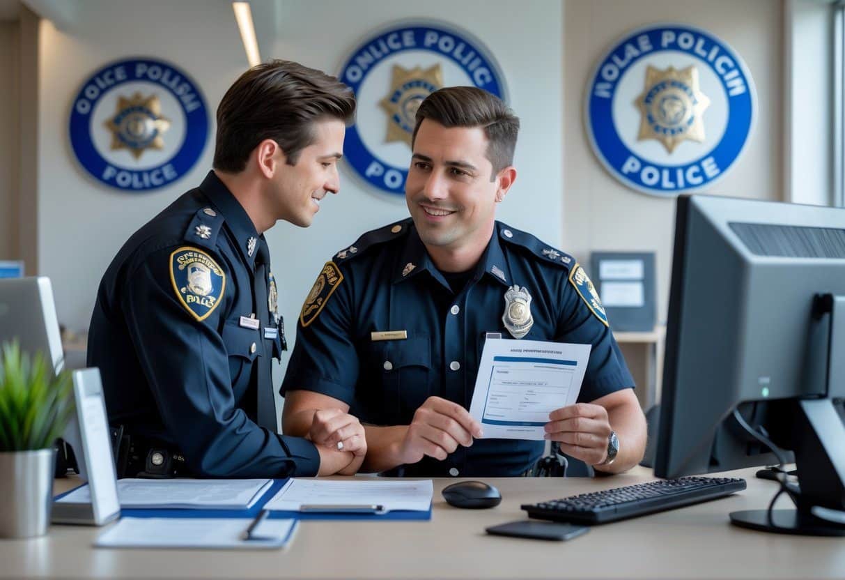Um policial ajudando um cidadão em um balcão dentro de uma delegacia bem iluminada e organizada.