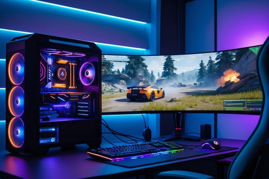 Um setup de jogos moderno com um computador potente, monitor grande exibindo um jogo complexo e ambiente de jogo iluminado por luzes LED azuis e roxas.