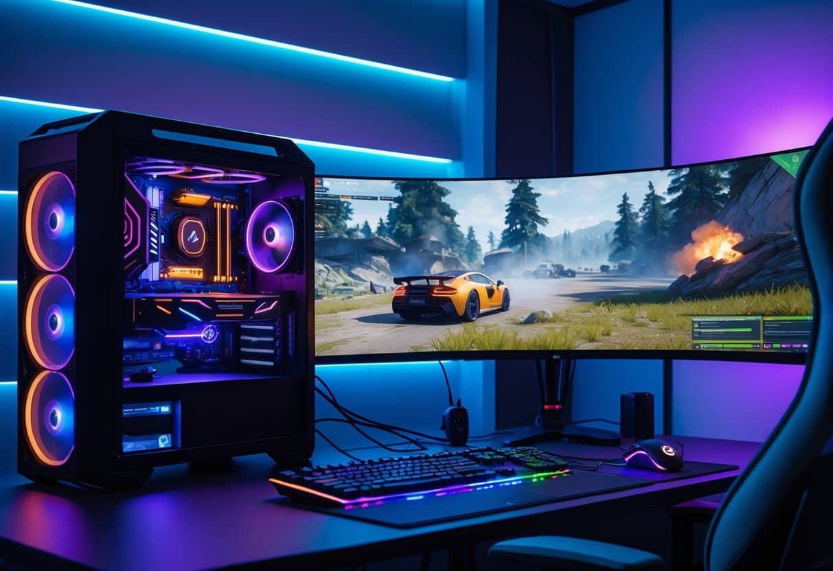 Um setup de jogos moderno com um computador potente, monitor grande exibindo um jogo complexo e ambiente de jogo iluminado por luzes LED azuis e roxas.