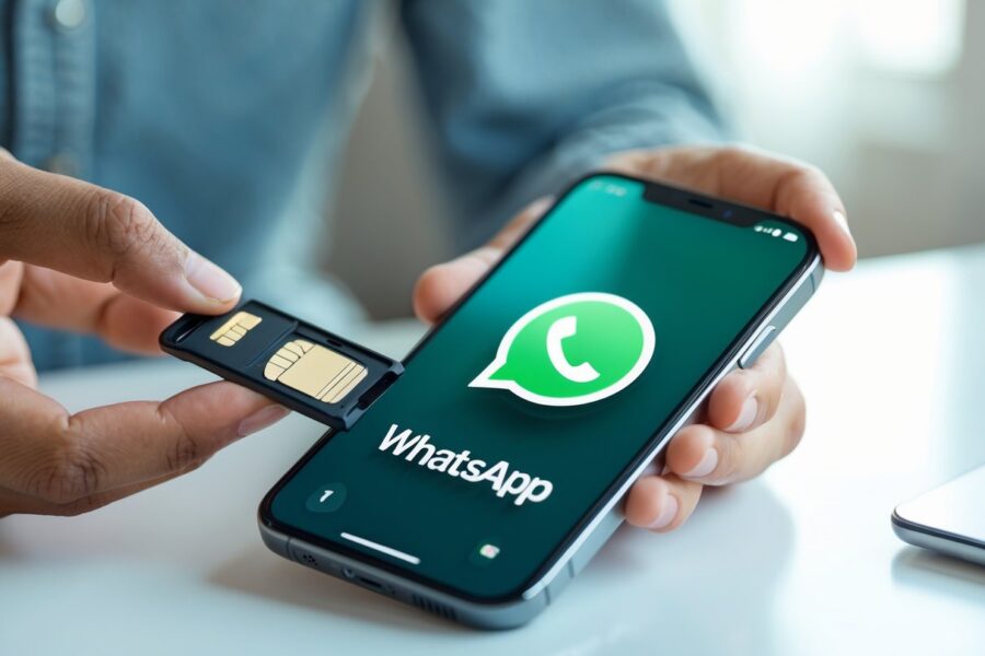 Pessoa segurando um celular com a bandeja do chip parcialmente ejetada, mostrando o ícone do WhatsApp na tela do aparelho.