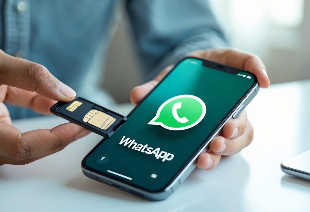 Pessoa segurando um celular com a bandeja do chip parcialmente ejetada, mostrando o ícone do WhatsApp na tela do aparelho.