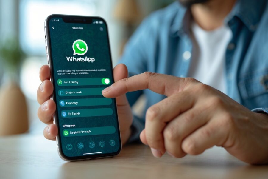 Pessoa usando um smartphone mostrando a tela de configurações do WhatsApp, navegando nas opções de segurança.