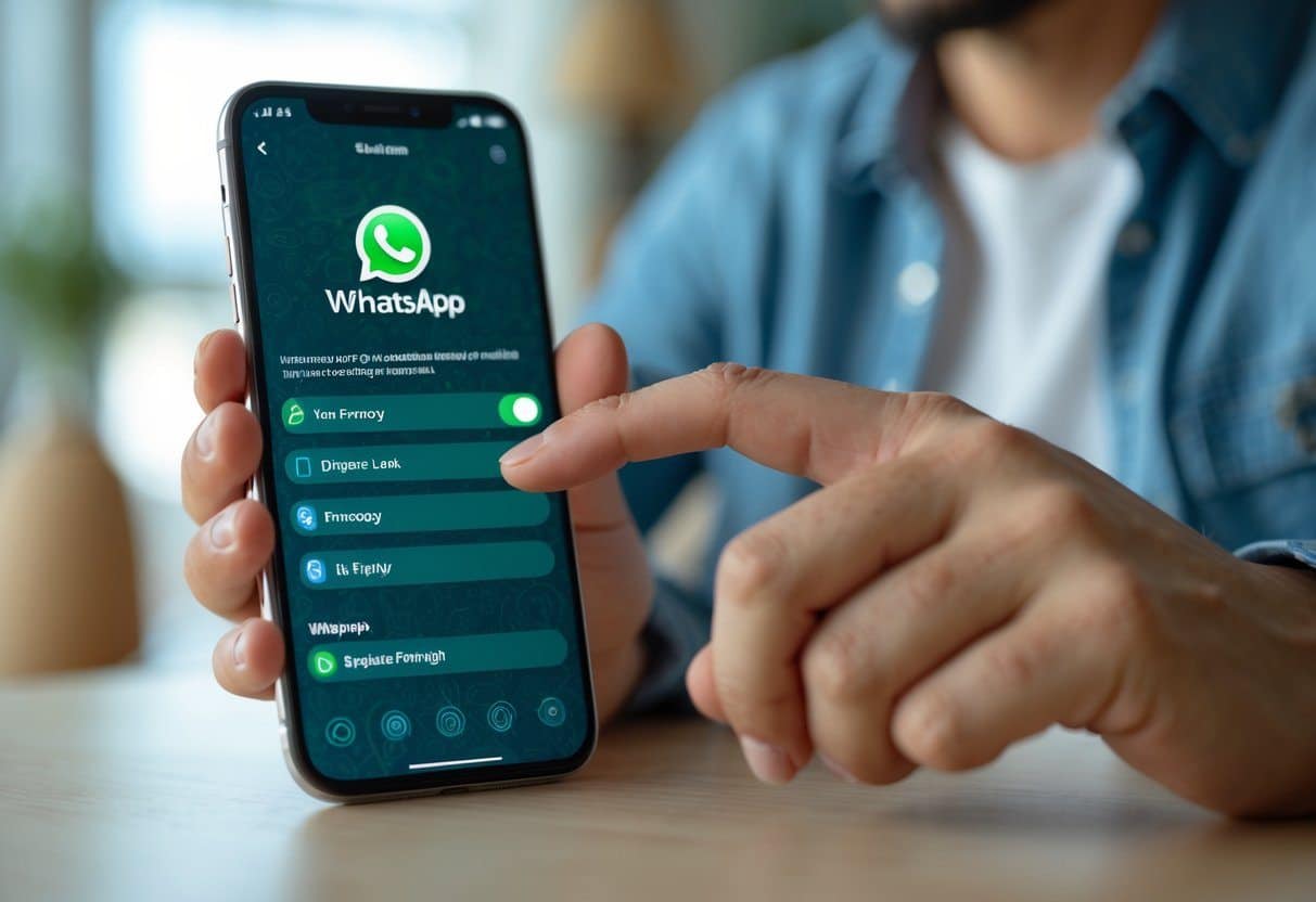 Pessoa usando um smartphone mostrando a tela de configurações do WhatsApp, navegando nas opções de segurança.