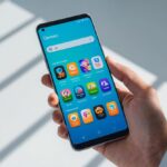 Pessoa segurando um smartphone mostrando a tela da Play Store com ícones de jogos coloridos.