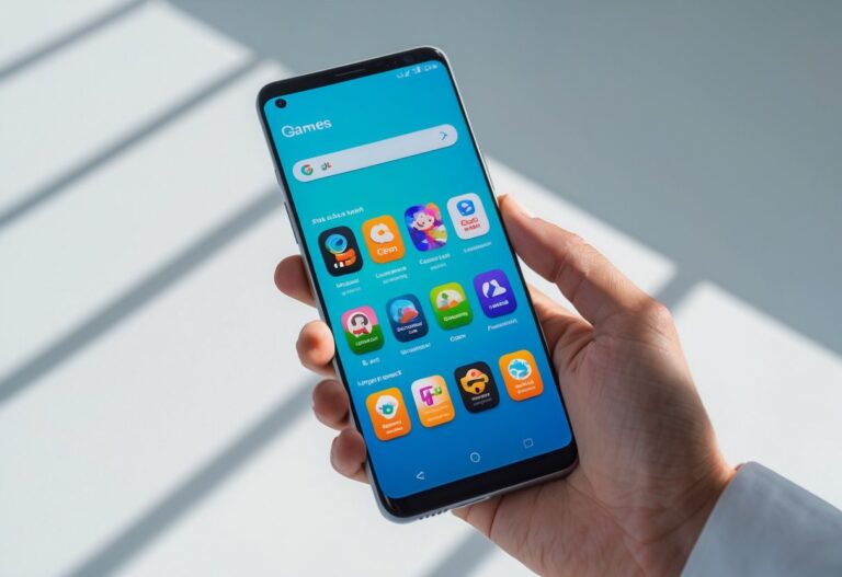 Pessoa segurando um smartphone mostrando a tela da Play Store com ícones de jogos coloridos.