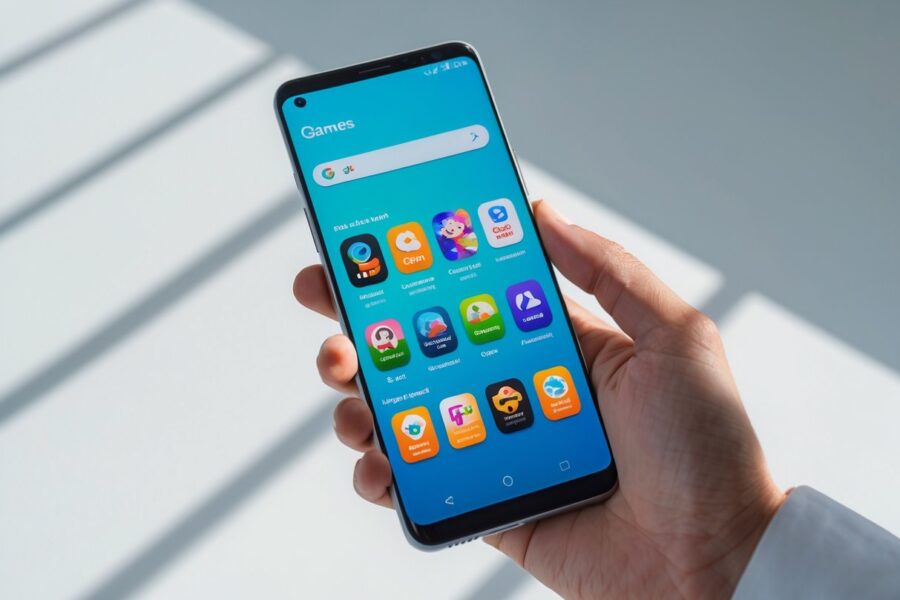 Pessoa segurando um smartphone mostrando a tela da Play Store com ícones de jogos coloridos.