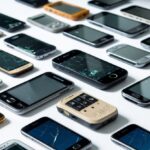 Vários celulares antigos e danificados espalhados sobre uma superfície branca.