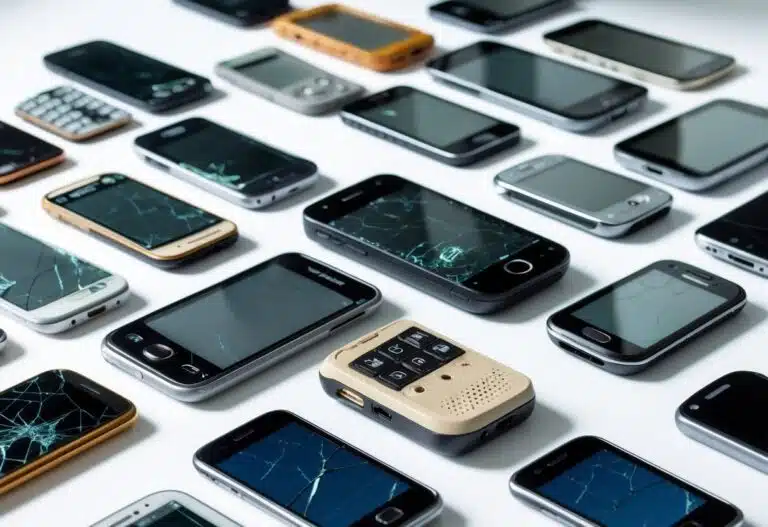 Vários celulares antigos e danificados espalhados sobre uma superfície branca.