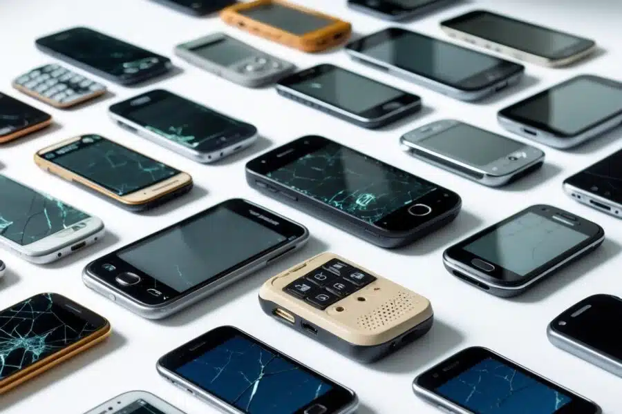 Vários celulares antigos e danificados espalhados sobre uma superfície branca.