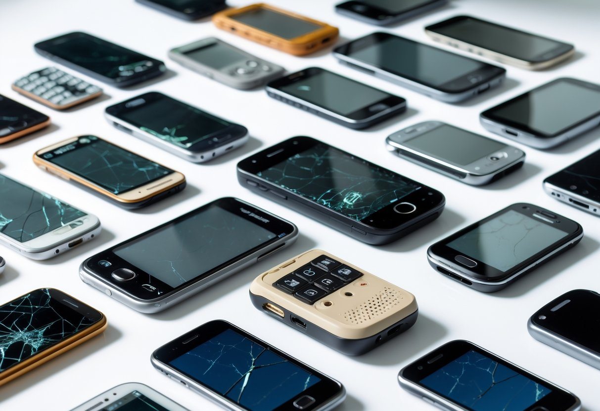 Vários celulares antigos e danificados espalhados sobre uma superfície branca.
