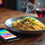 Prato de massa fresca em uma mesa de madeira com um smartphone ao lado mostrando uma tela de mensagens borrada, em um ambiente acolhedor.