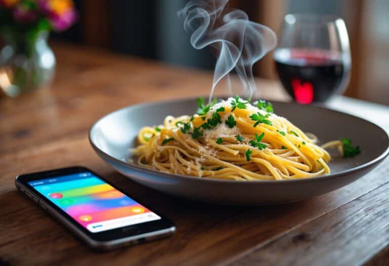 Prato de massa fresca em uma mesa de madeira com um smartphone ao lado mostrando uma tela de mensagens borrada, em um ambiente acolhedor.