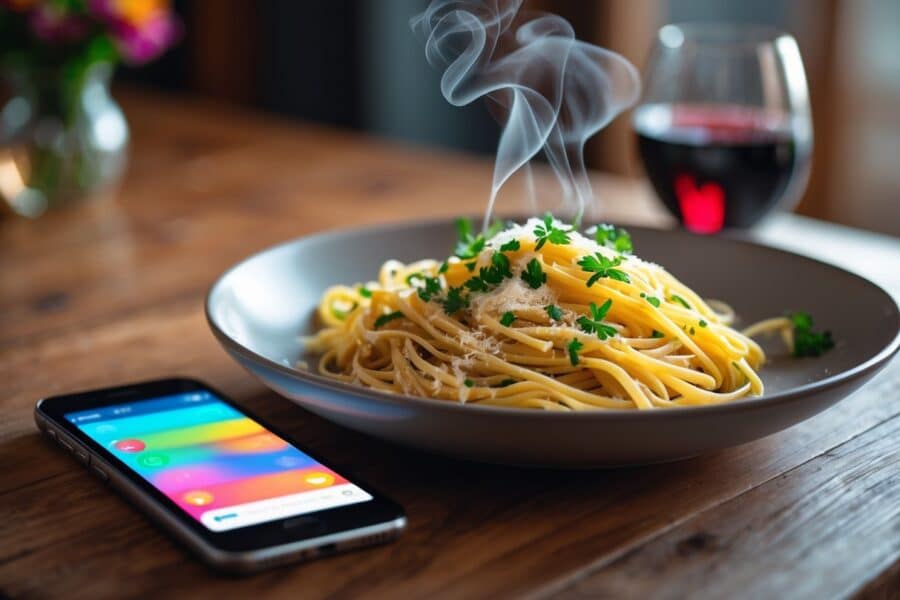 Prato de massa fresca em uma mesa de madeira com um smartphone ao lado mostrando uma tela de mensagens borrada, em um ambiente acolhedor.