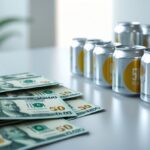 Notas de 50 reais ao lado de várias latinhas de refrigerante sobre uma superfície limpa.
