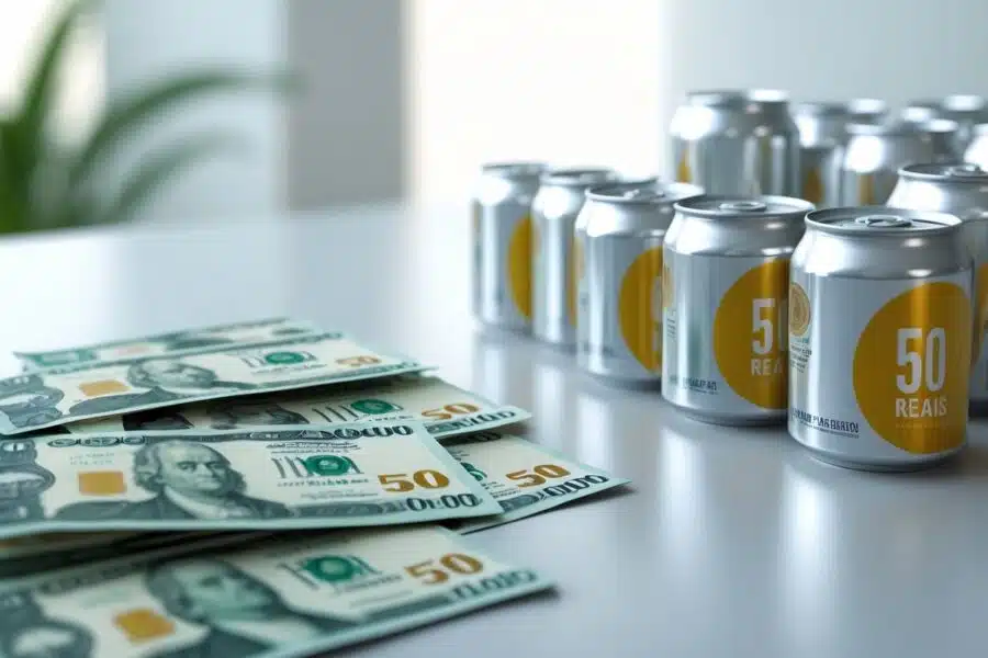 Notas de 50 reais ao lado de várias latinhas de refrigerante sobre uma superfície limpa.