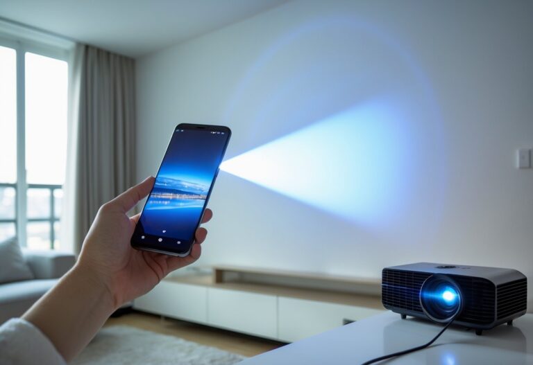 Pessoa projetando a tela do celular na parede em uma sala de estar moderna.