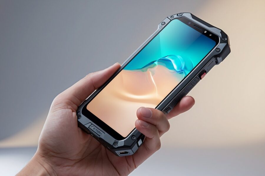 Modelo de celular resistente sendo segurado por uma mão, mostrando um design robusto e tela intacta.