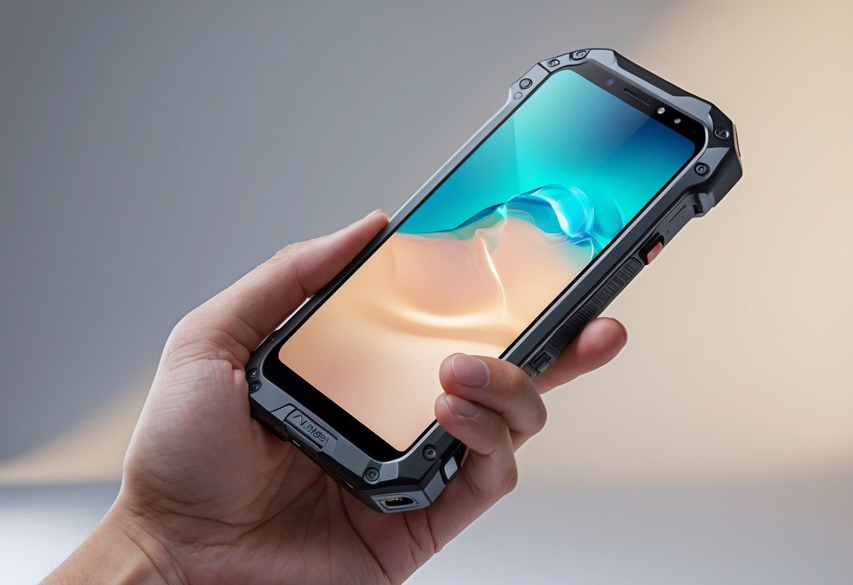 Modelo de celular resistente sendo segurado por uma mão, mostrando um design robusto e tela intacta.