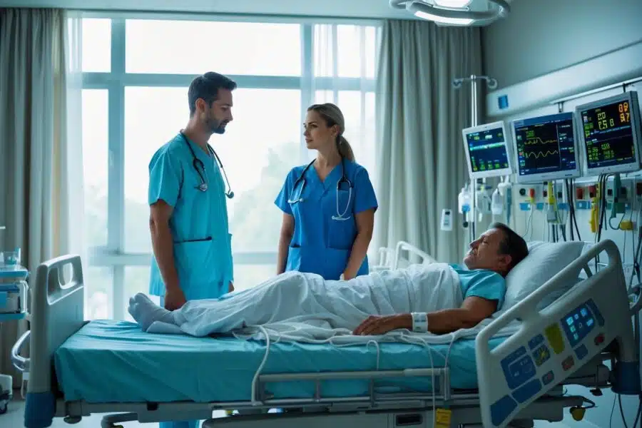 Paciente deitado em cama de hospital com médico e enfermeira ao lado, em um ambiente hospitalar sério e iluminado.