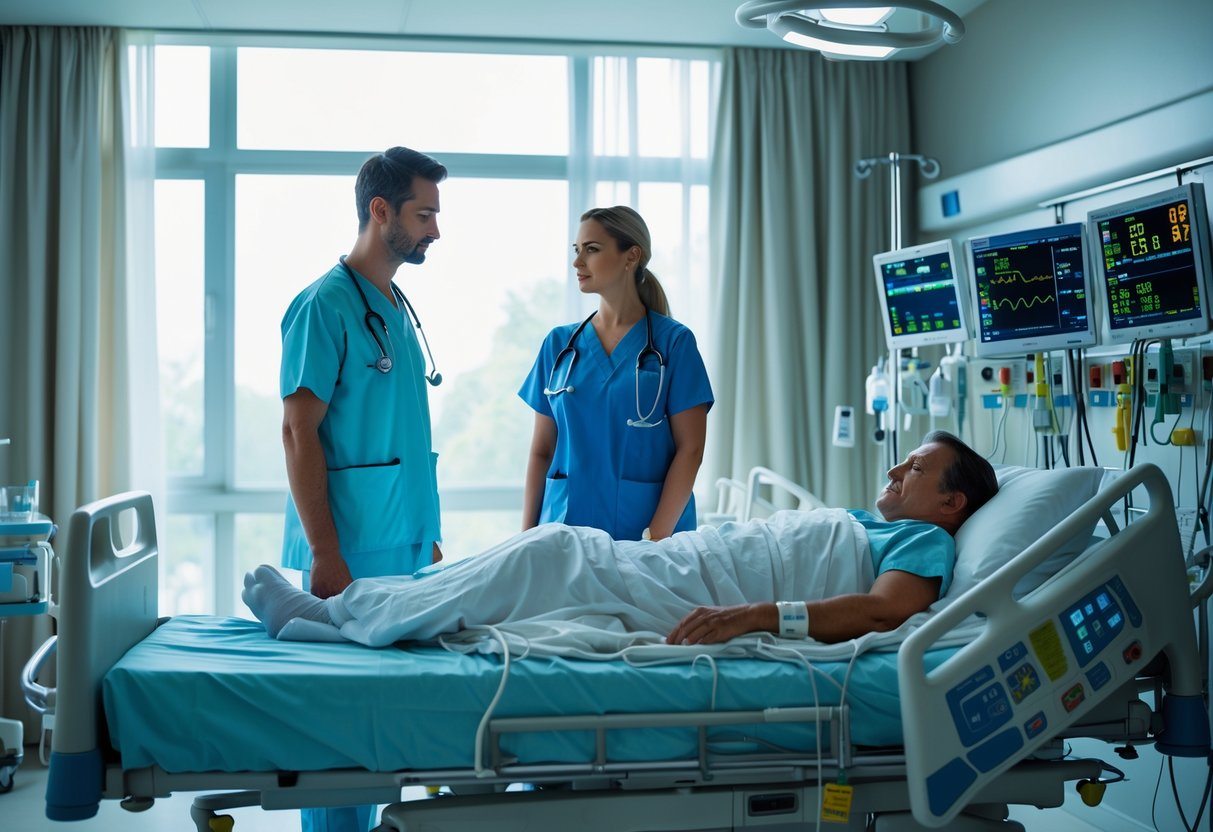 Paciente deitado em cama de hospital com médico e enfermeira ao lado, em um ambiente hospitalar sério e iluminado.