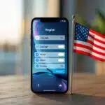 Um smartphone moderno sobre uma mesa de madeira com uma pequena bandeira americana ao lado.