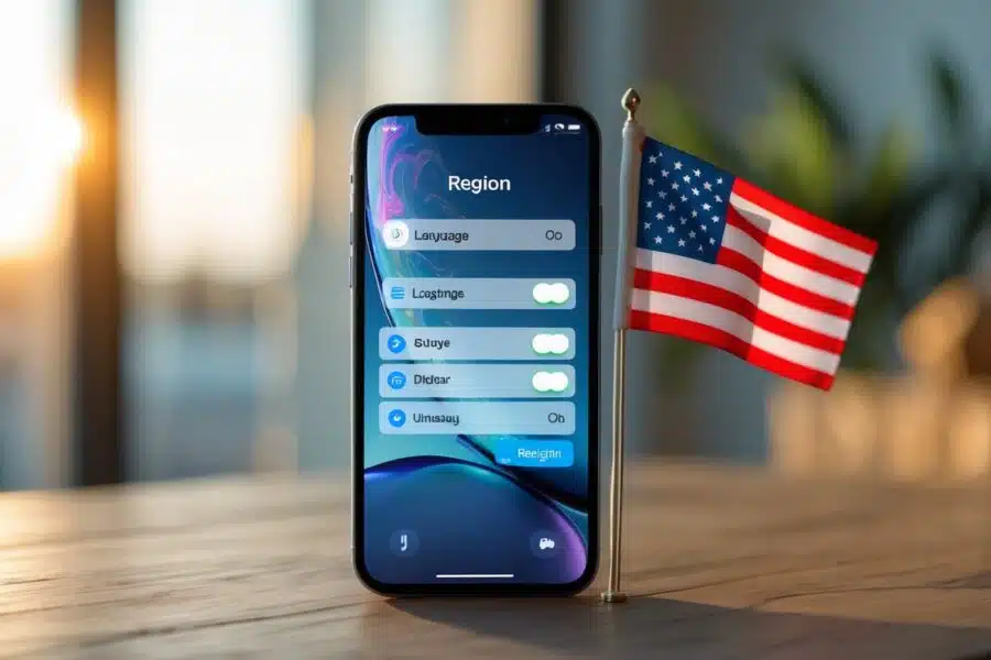 Um smartphone moderno sobre uma mesa de madeira com uma pequena bandeira americana ao lado.
