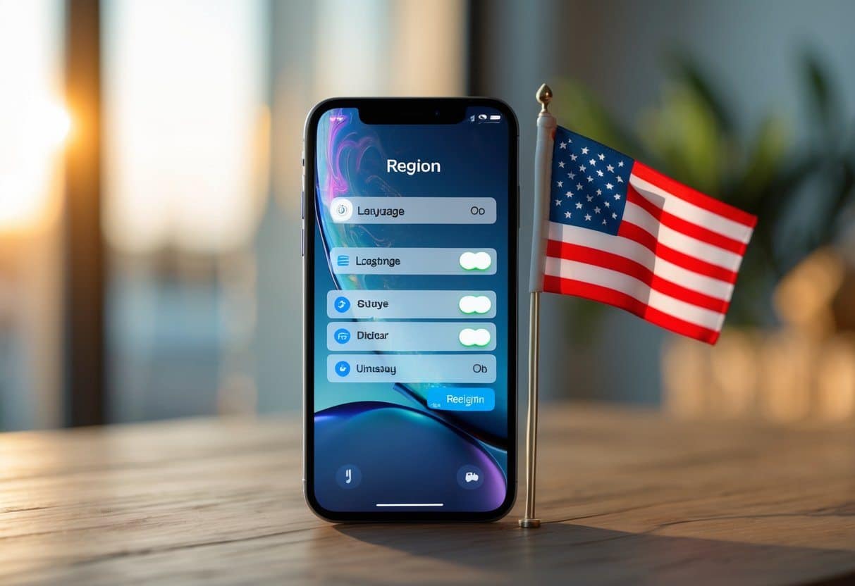 Um smartphone moderno sobre uma mesa de madeira com uma pequena bandeira americana ao lado.