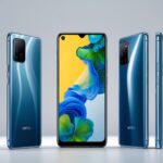Um smartphone moderno brasileiro em fundo neutro, mostrando detalhes do aparelho em várias perspectivas.