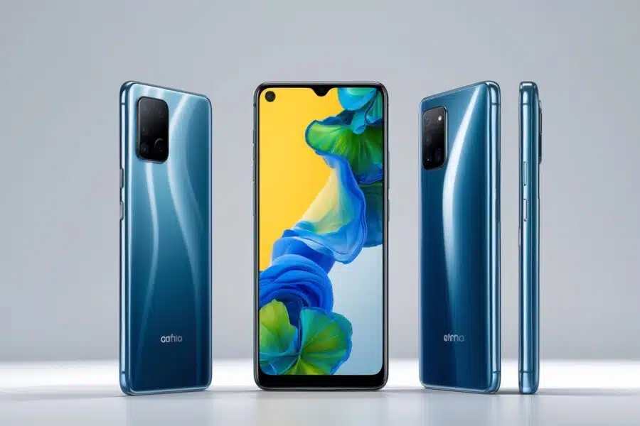 Um smartphone moderno brasileiro em fundo neutro, mostrando detalhes do aparelho em várias perspectivas.