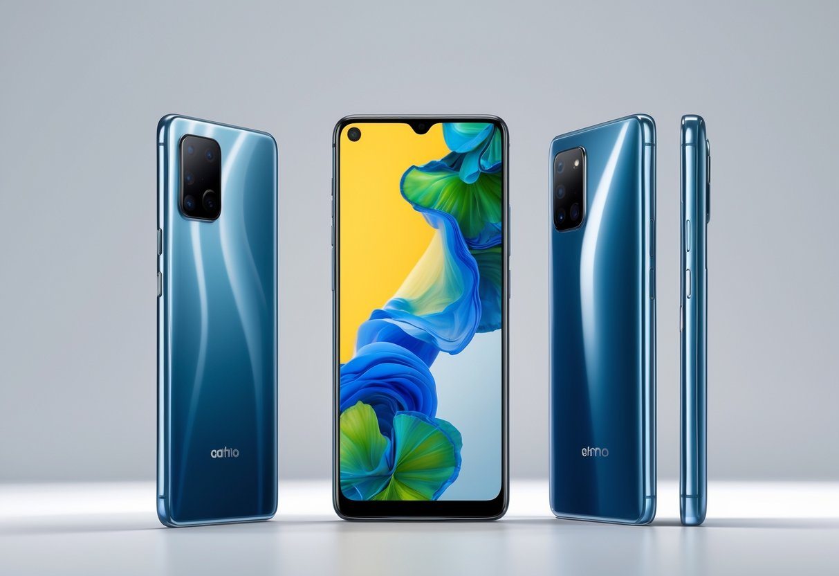 Um smartphone moderno brasileiro em fundo neutro, mostrando detalhes do aparelho em várias perspectivas.