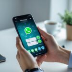 Pessoa segurando um smartphone com o aplicativo WhatsApp aberto na tela, em uma mesa de trabalho organizada.