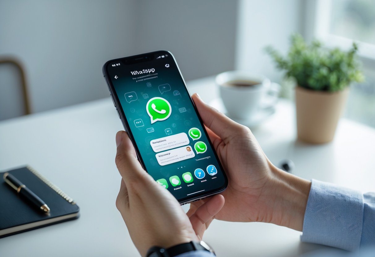 Pessoa segurando um smartphone com o aplicativo WhatsApp aberto na tela, em uma mesa de trabalho organizada.
