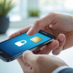 Mão segurando um smartphone com um chip parcialmente inserido, simbolizando o desbloqueio de um chip bloqueado.